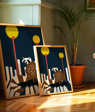 Raccoon Illustration with Urban Street Lamps and Geometric Design