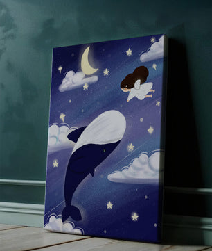 Whimsical night scene with flying angel and whale