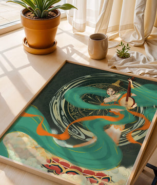 Elegant depiction of traditional musical culture with vibrant flowing ribbons and intricate patterns