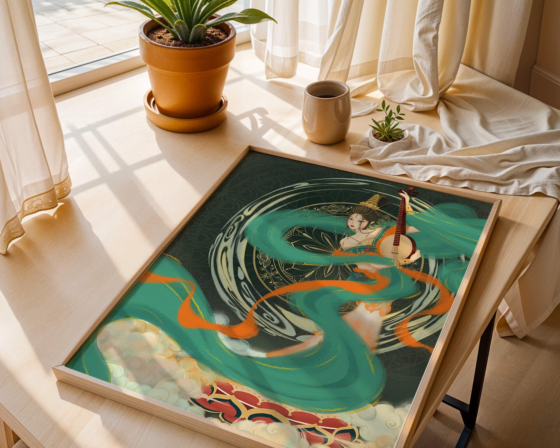 Elegant depiction of traditional musical culture with vibrant flowing ribbons and intricate patterns