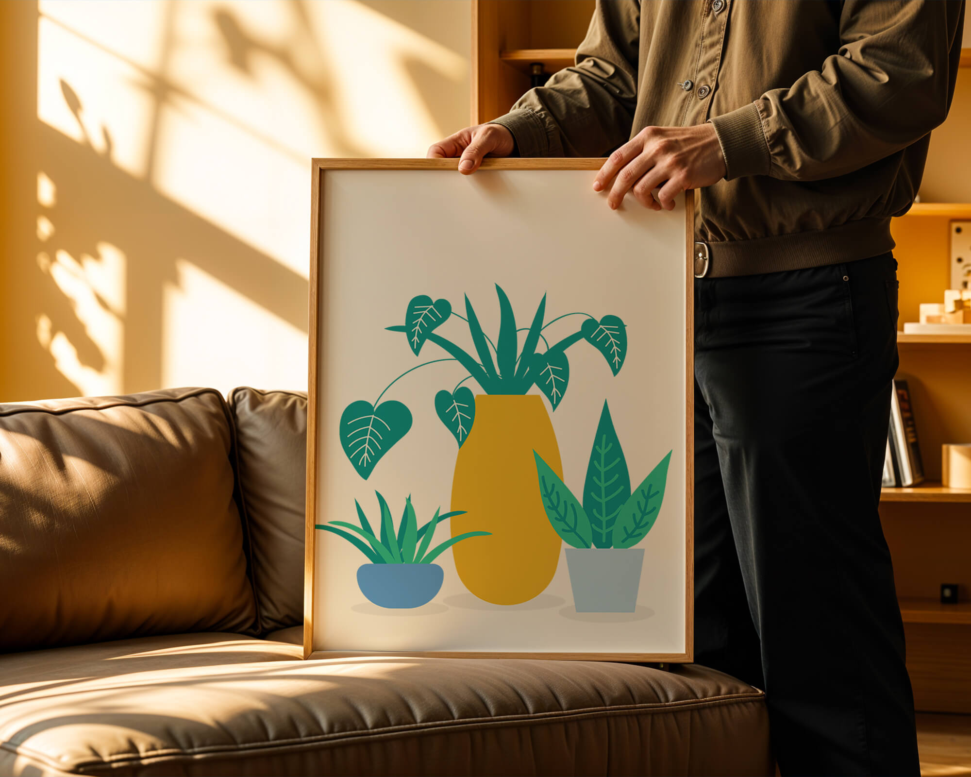Illustration of colorful potted plants with a yellow vase