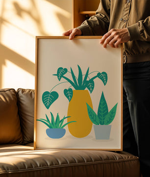 Illustration of colorful potted plants with a yellow vase