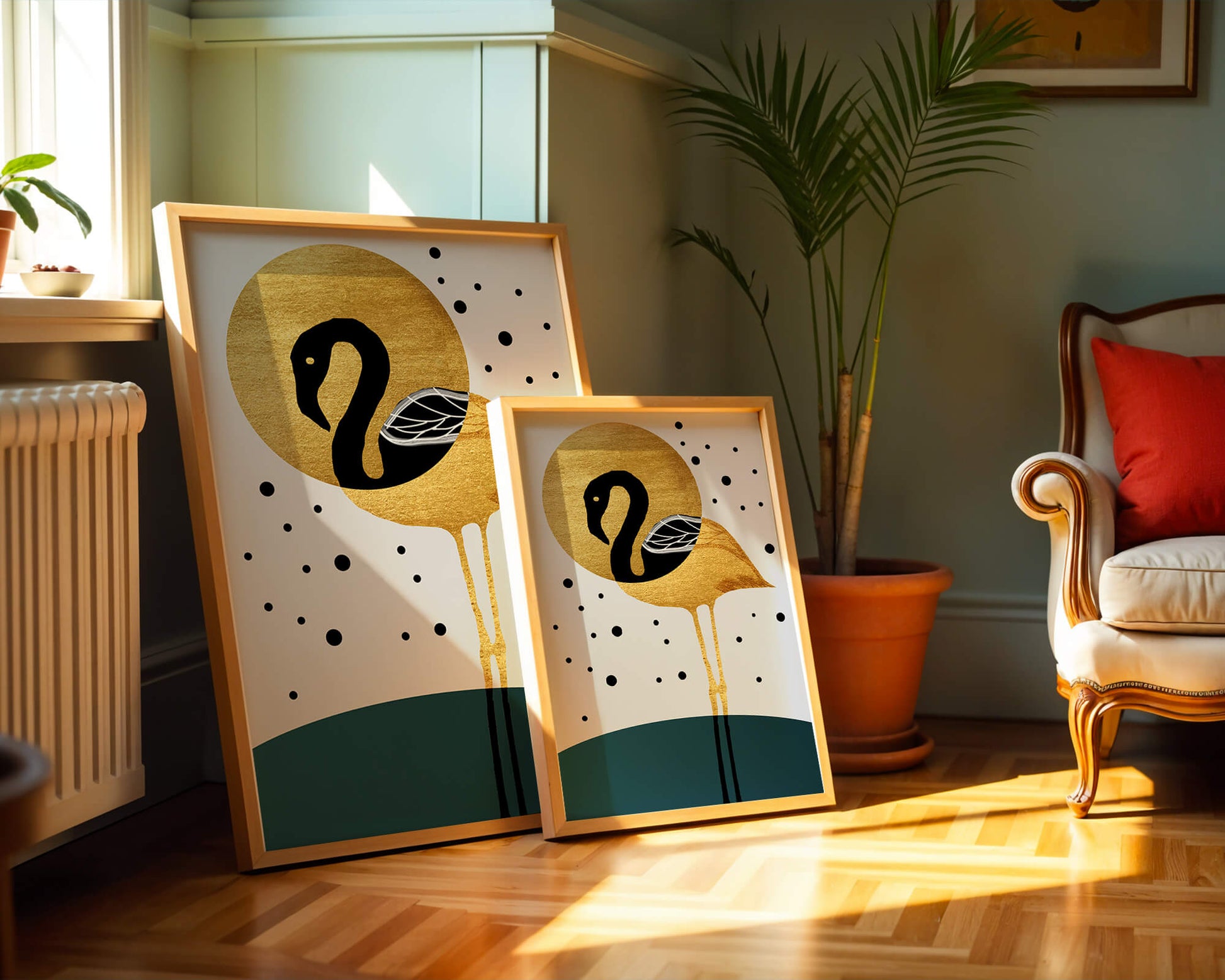 Elegante ilustración de flamenco dorado y negro con elementos de puntos abstractos