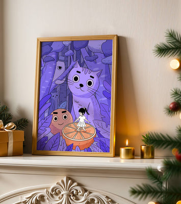 Whimsical forest scene with playful cartoon characters