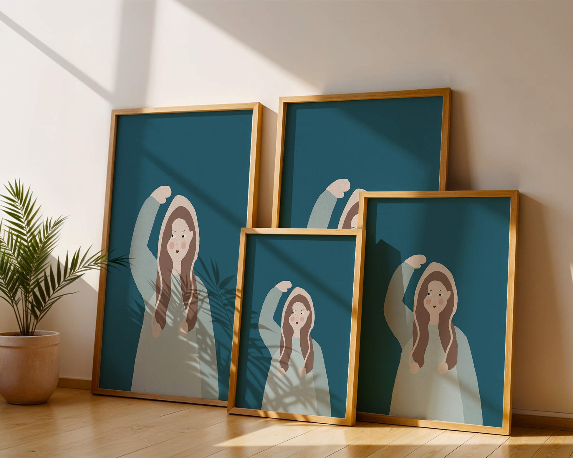 Illustrated girl with hoodie on teal background
