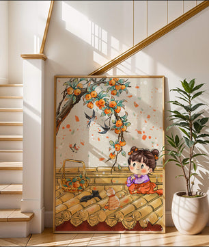 Charming illustration of a child with cats on a rooftop beneath a fruit tree