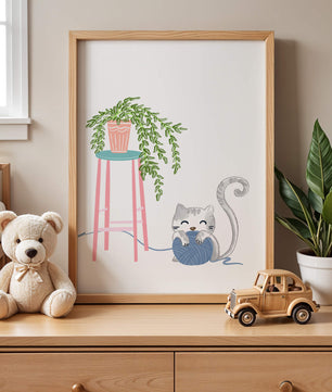 Cat Playing with Yarn Beside a Potted Plant on Pink Stool - Mi tienda