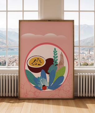 Ilustración de frutas tropicales y hojas con una mariquita sobre un fondo rosa