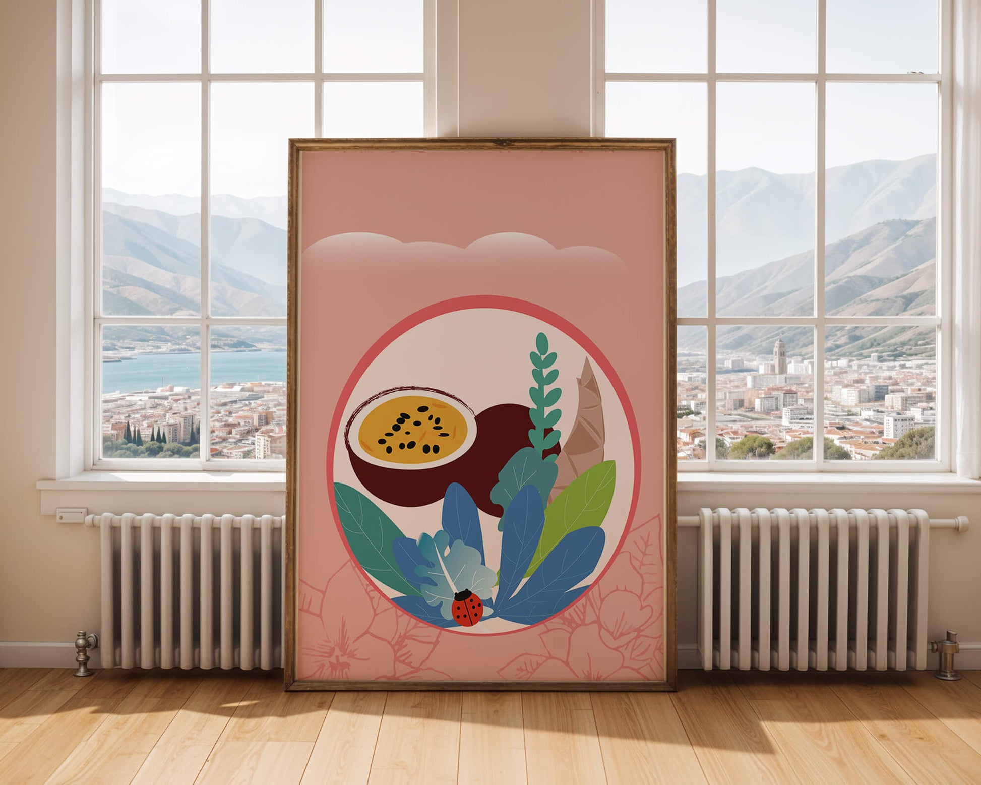 Ilustración de frutas tropicales y hojas con una mariquita sobre un fondo rosa