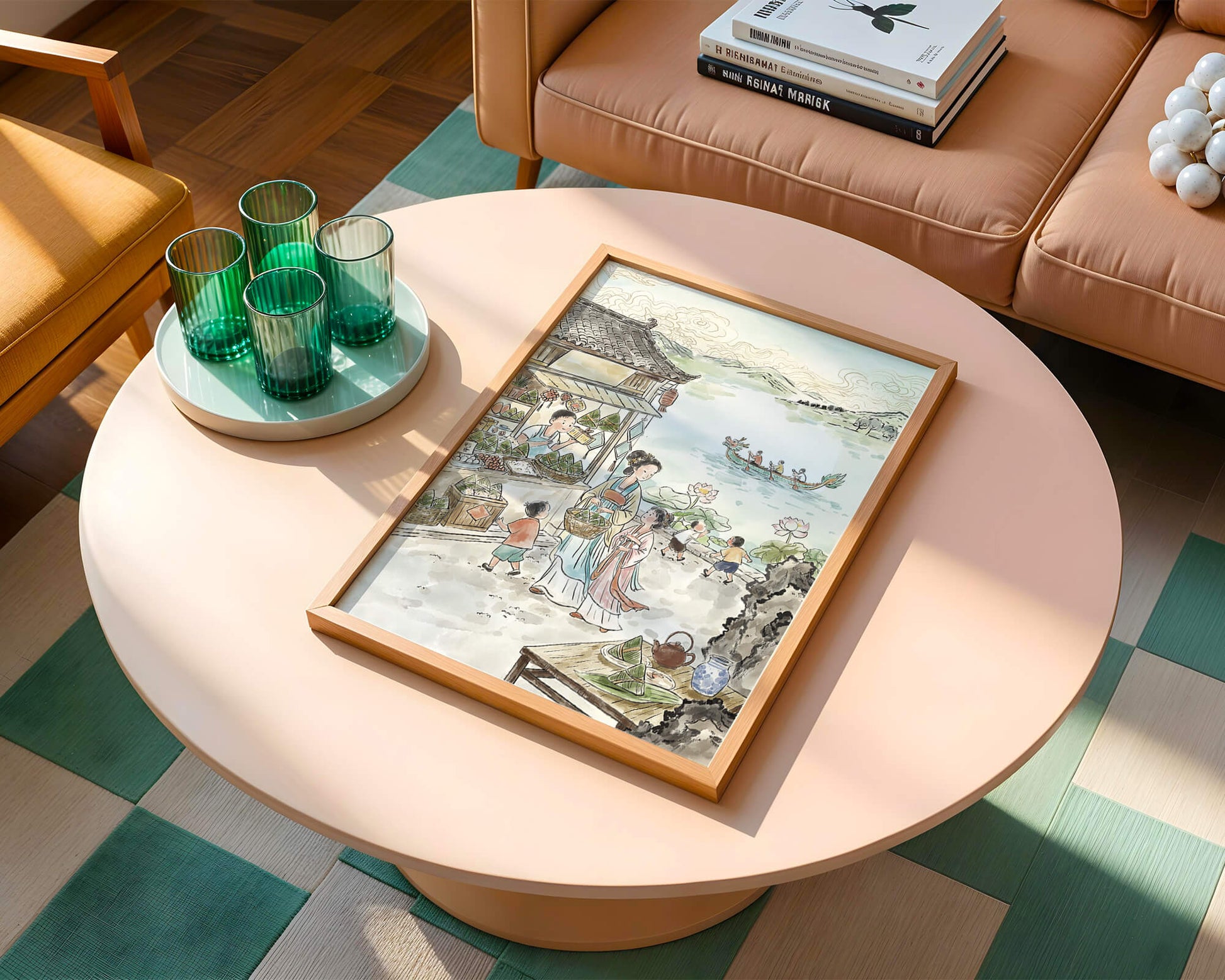 Escena tradicional del mercado chino con carreras de botes dragón