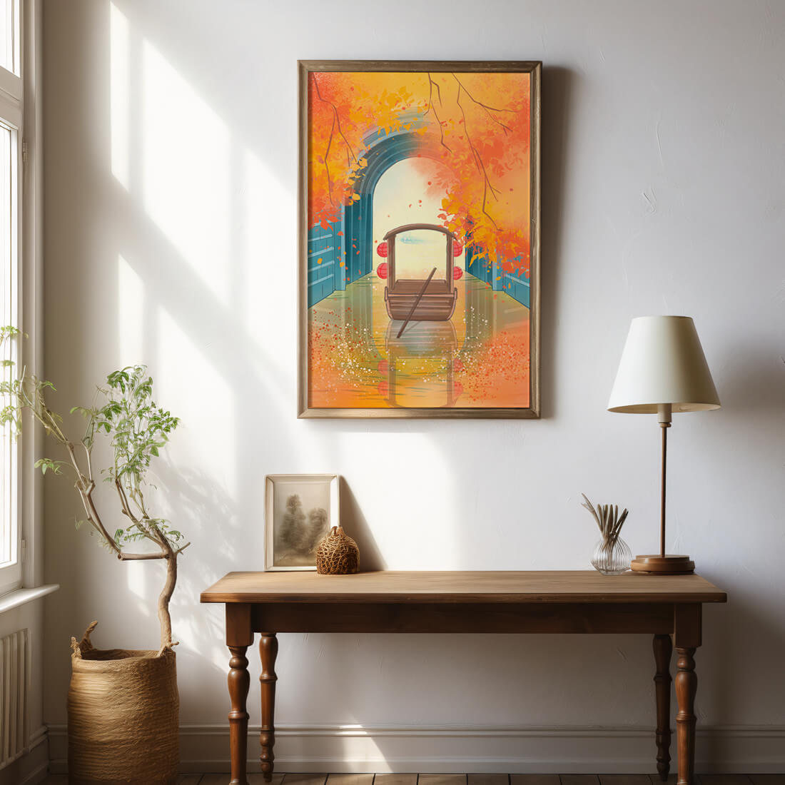 Serene autumn scene with archway and wooden boat