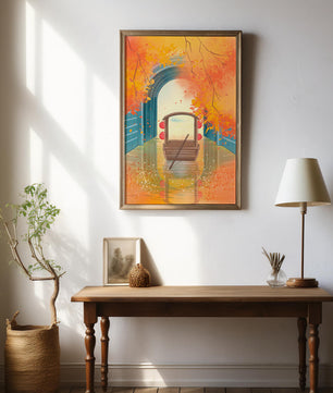 Serene autumn scene with archway and wooden boat