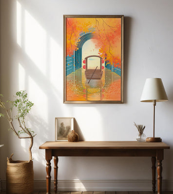 Serene autumn scene with archway and wooden boat