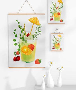 Refreshing summer drink illustration with fruits and greenery