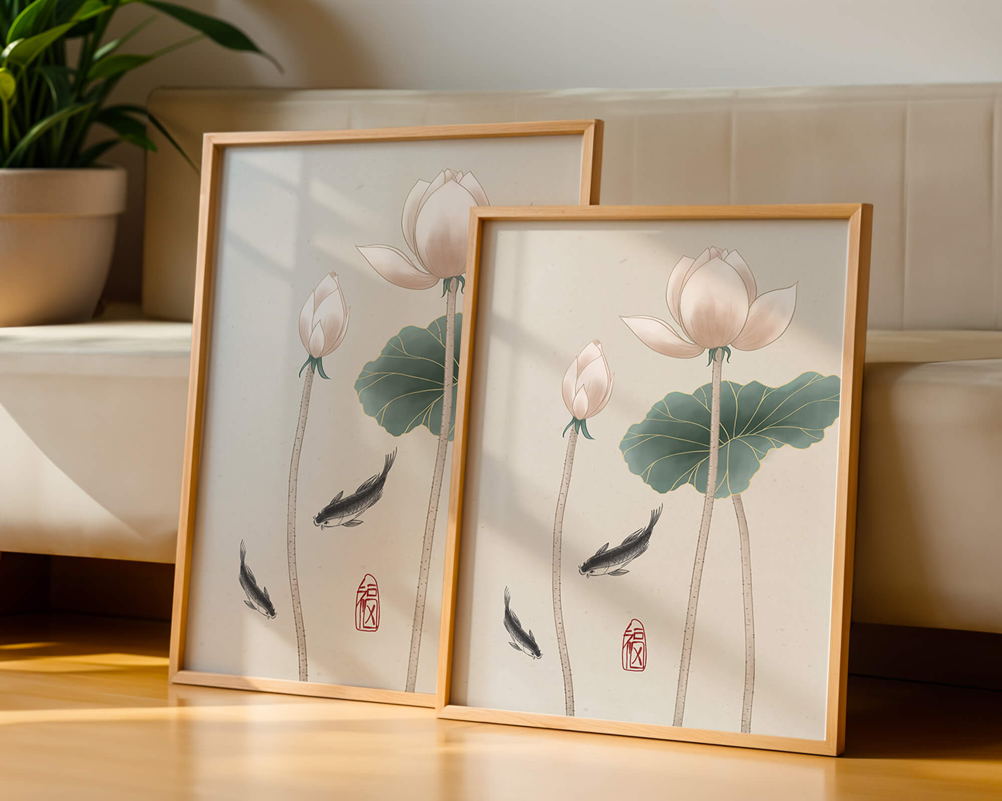 Lotus flowers and koi fish in minimalist Asian art illustration