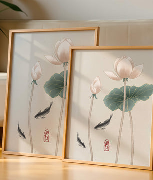 Fleurs de lotus et carpes koï dans une illustration d’art asiatique minimaliste