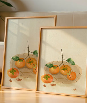 Still Life with Persimmons and Branch on a Neutral Background