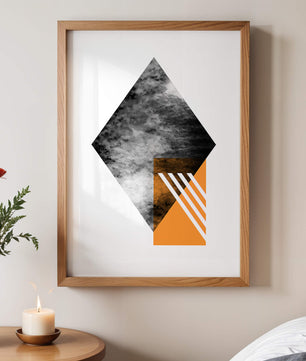 Abstract Geometric Composition with Orange Triangle and Cloudy Pattern - Mi tienda