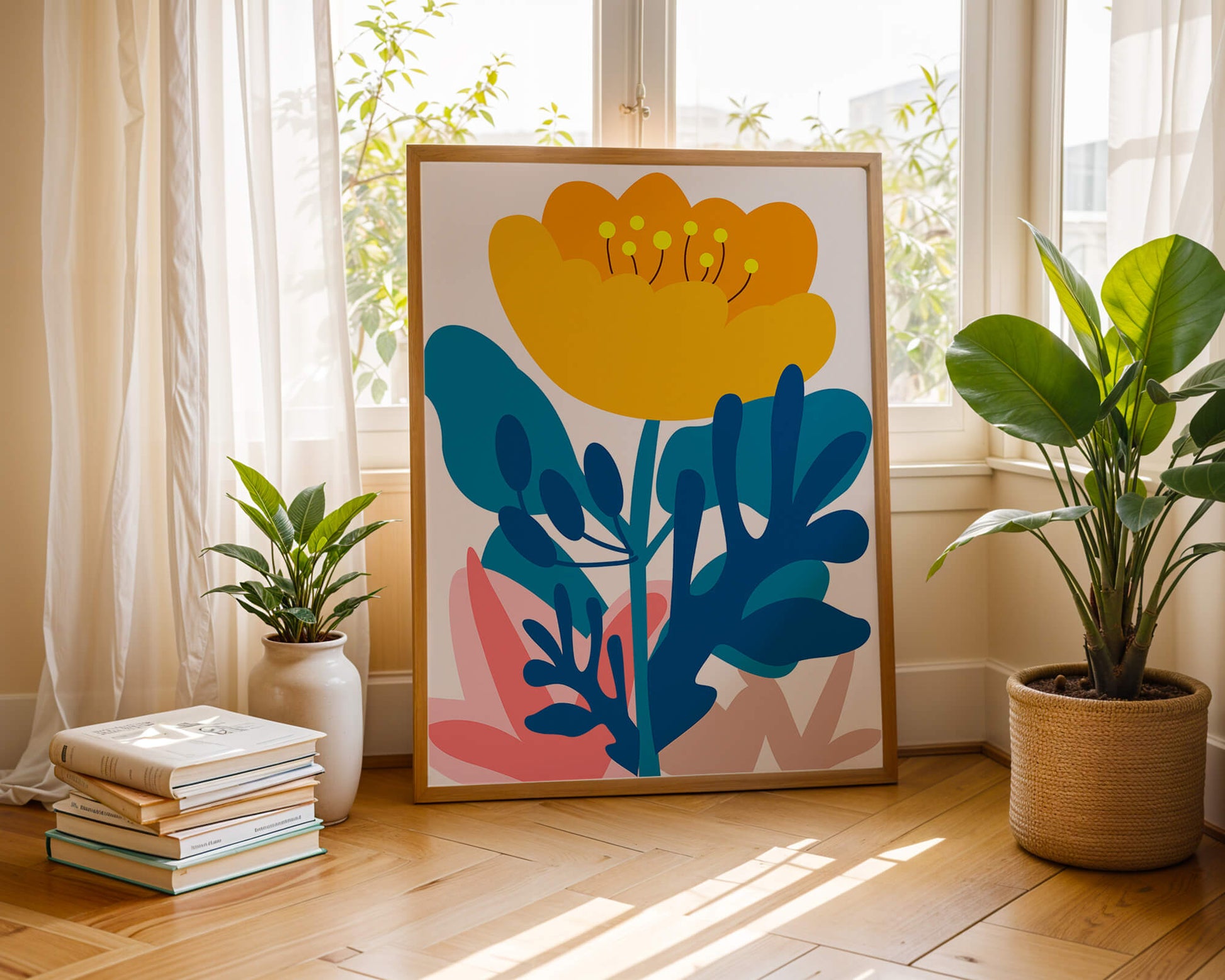 Colorful abstract floral illustration with vibrant leaf patterns