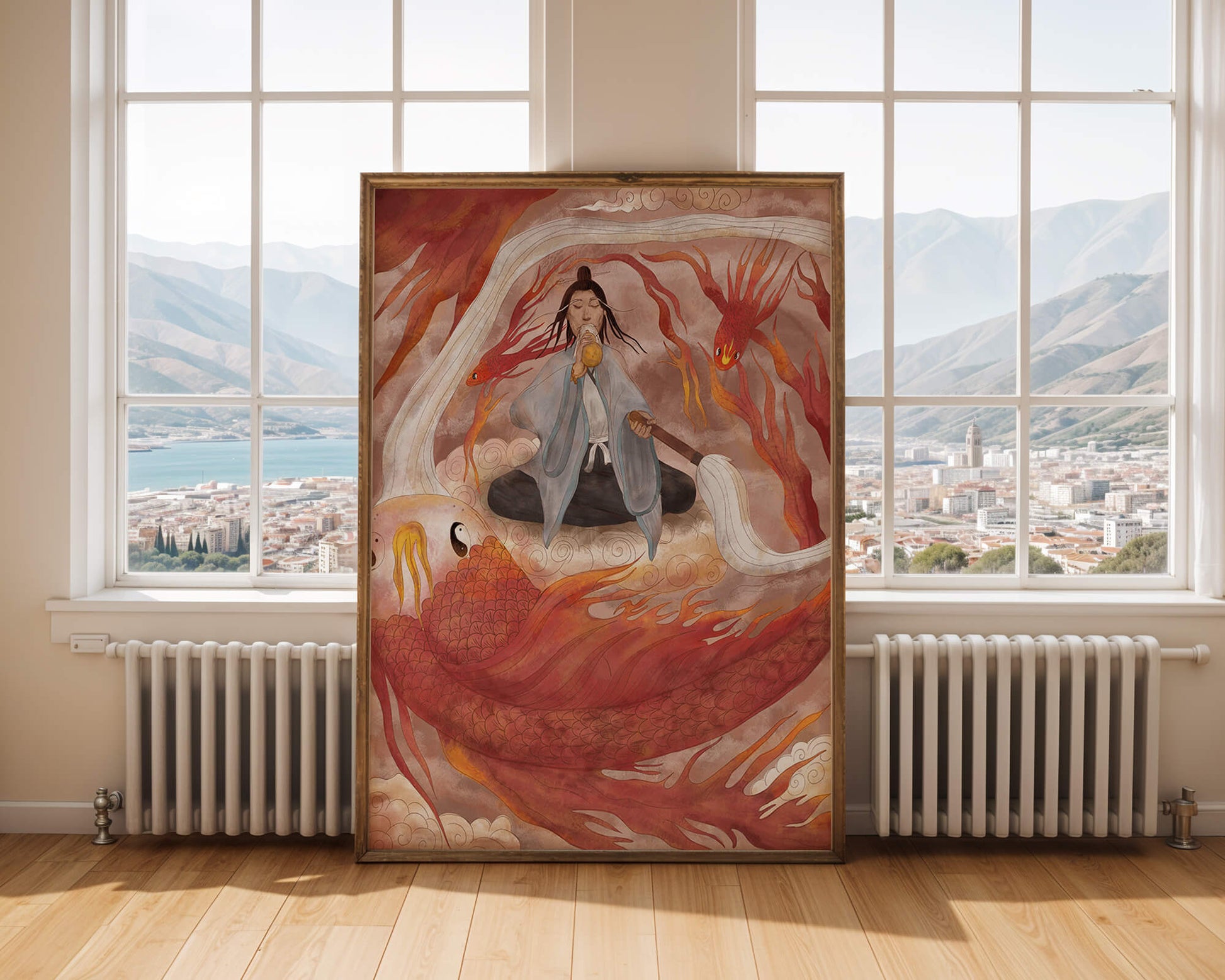Serene meditation with mystical elements and mythical creatures