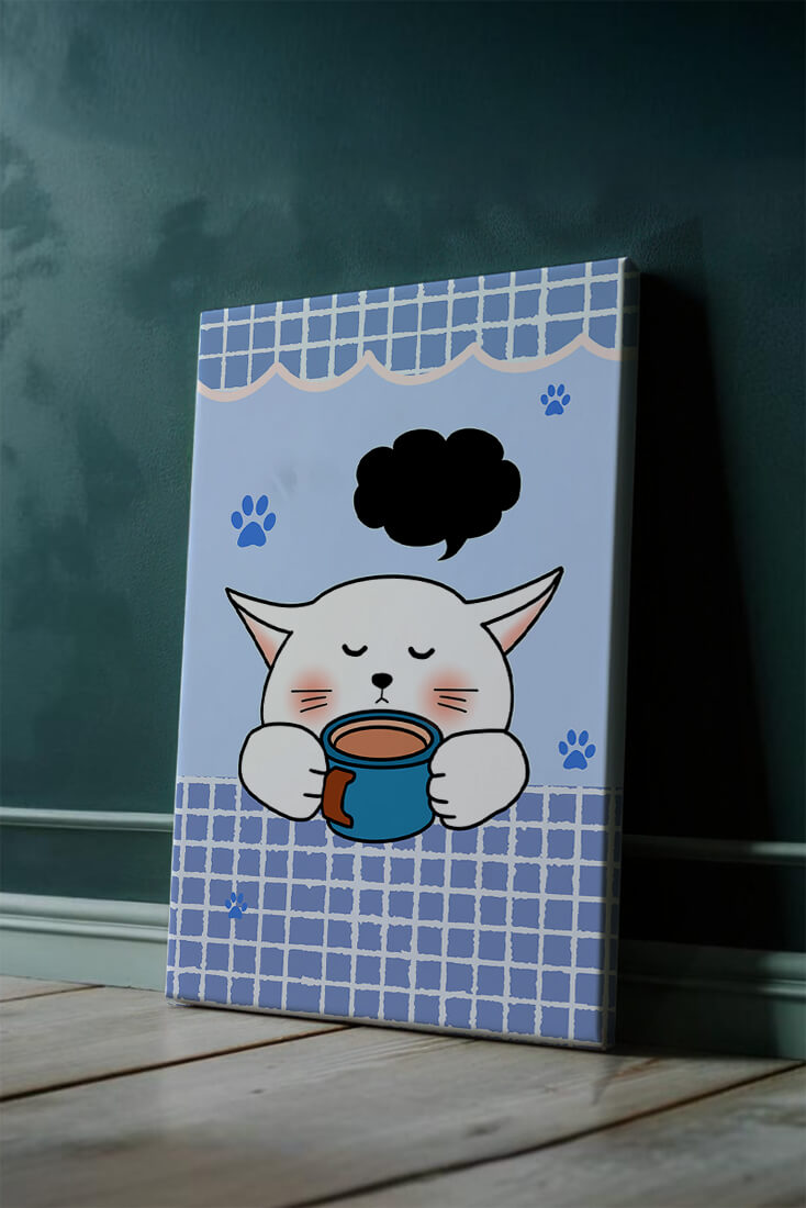 Cute cartoon cat with mug and speech bubble on blue background