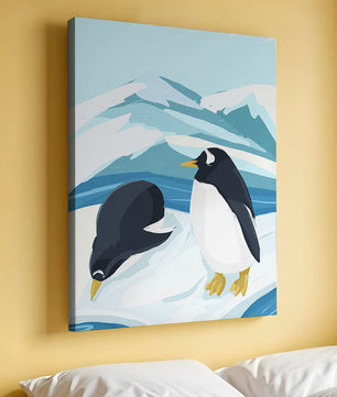 Gentoo penguins in an Antarctic landscape illustration