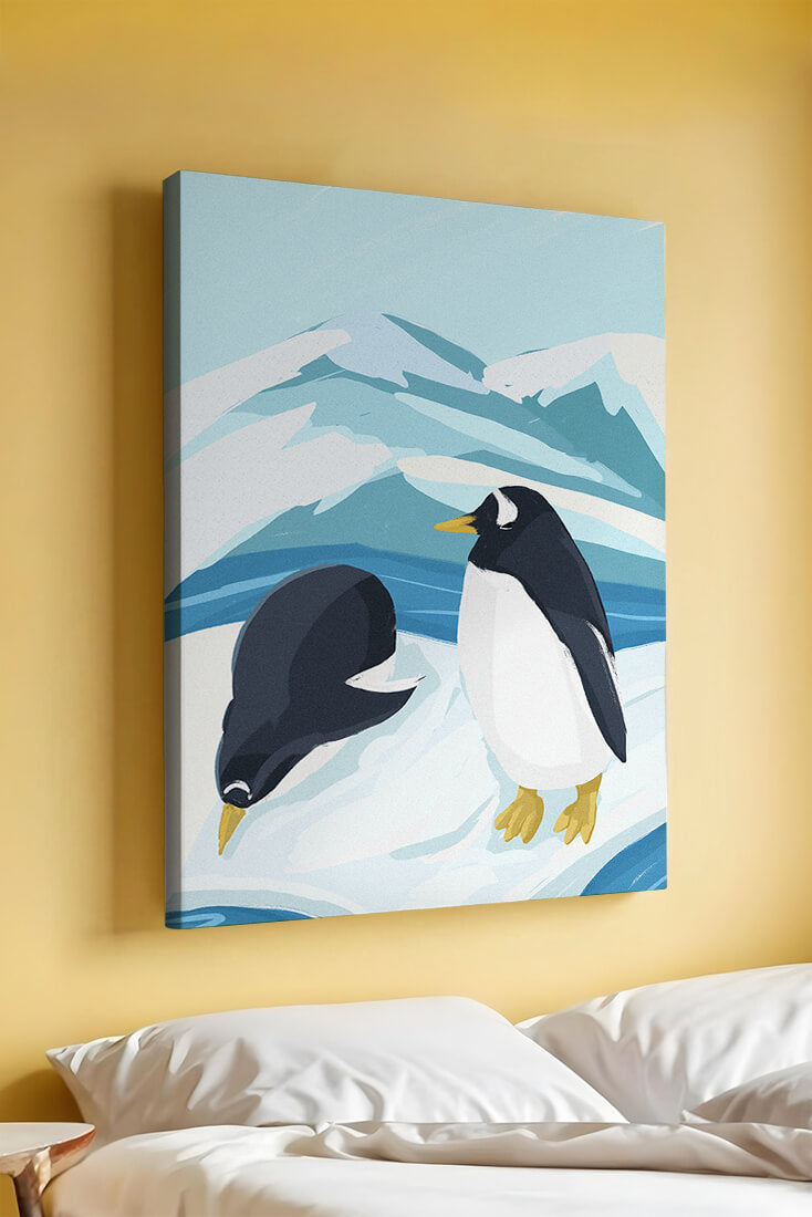 Gentoo penguins in an Antarctic landscape illustration