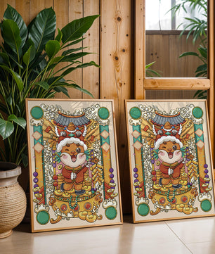 Bunte Illustration eines niedlichen Tieres in traditioneller Festtagskleidung mit goldenen Elementen