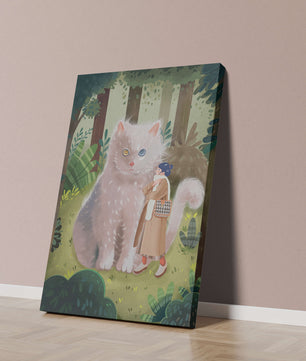 Verzauberter Wald mit einer riesigen Katze und einer Frau