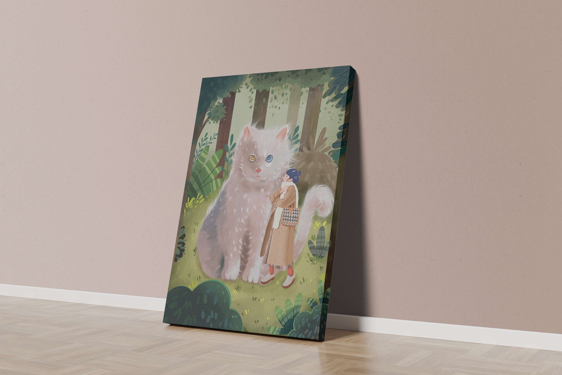 Verzauberter Wald mit einer riesigen Katze und einer Frau