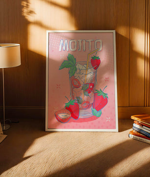 Ilustración de un mojito de fresa con fondo rosa vibrante y diseño juguetón