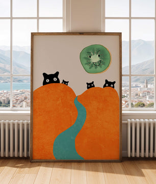 Playful Cats and Smiling Kiwi in Vibrant Hills