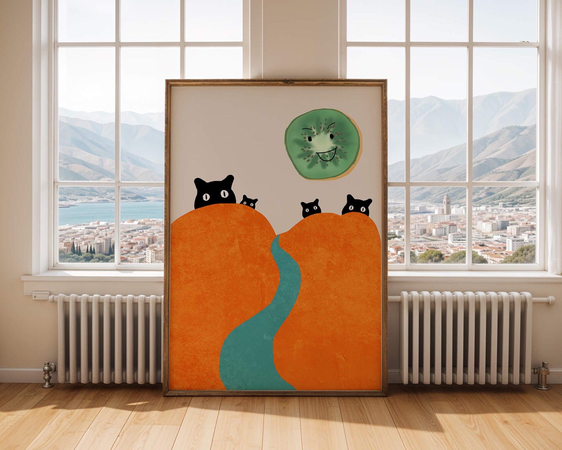 Playful Cats and Smiling Kiwi in Vibrant Hills