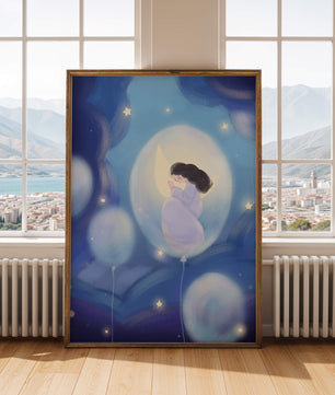 Dreamlike night sky with a girl on a moon enveloped by stars and balloons