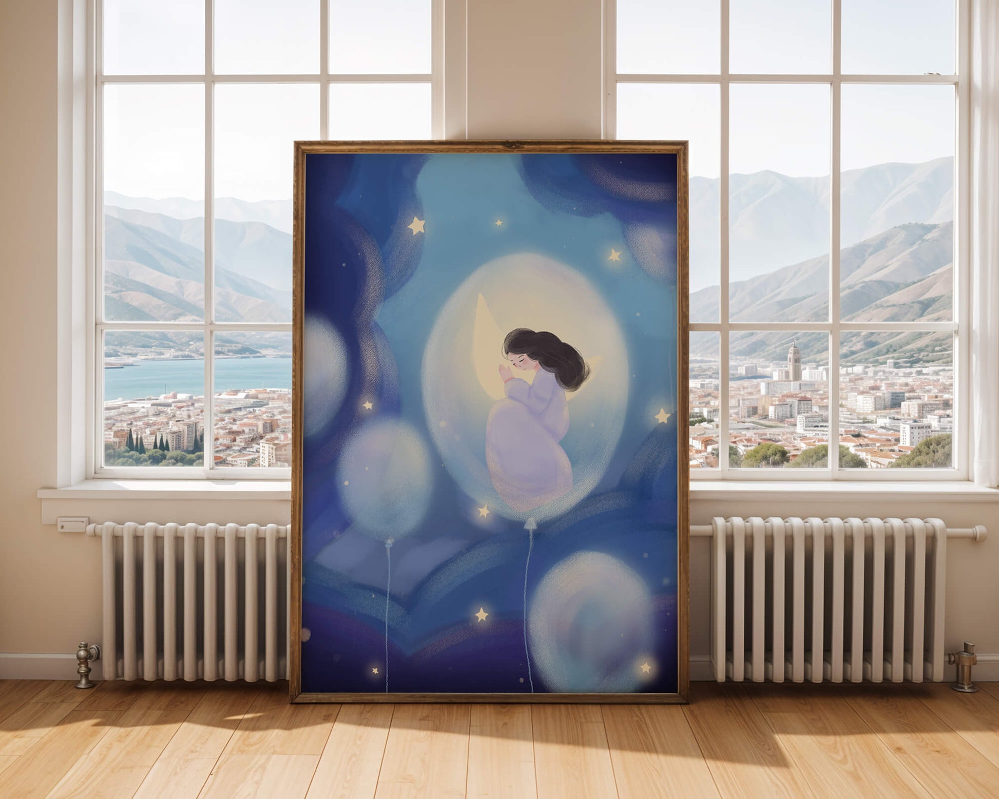 Dreamlike night sky with a girl on a moon enveloped by stars and balloons