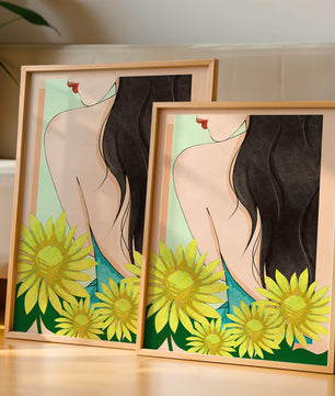 Ilustración de una mujer elegante con girasoles y cabello largo y oscuro