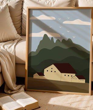 Paisaje minimalista de montaña con casas y pájaros en el cielo