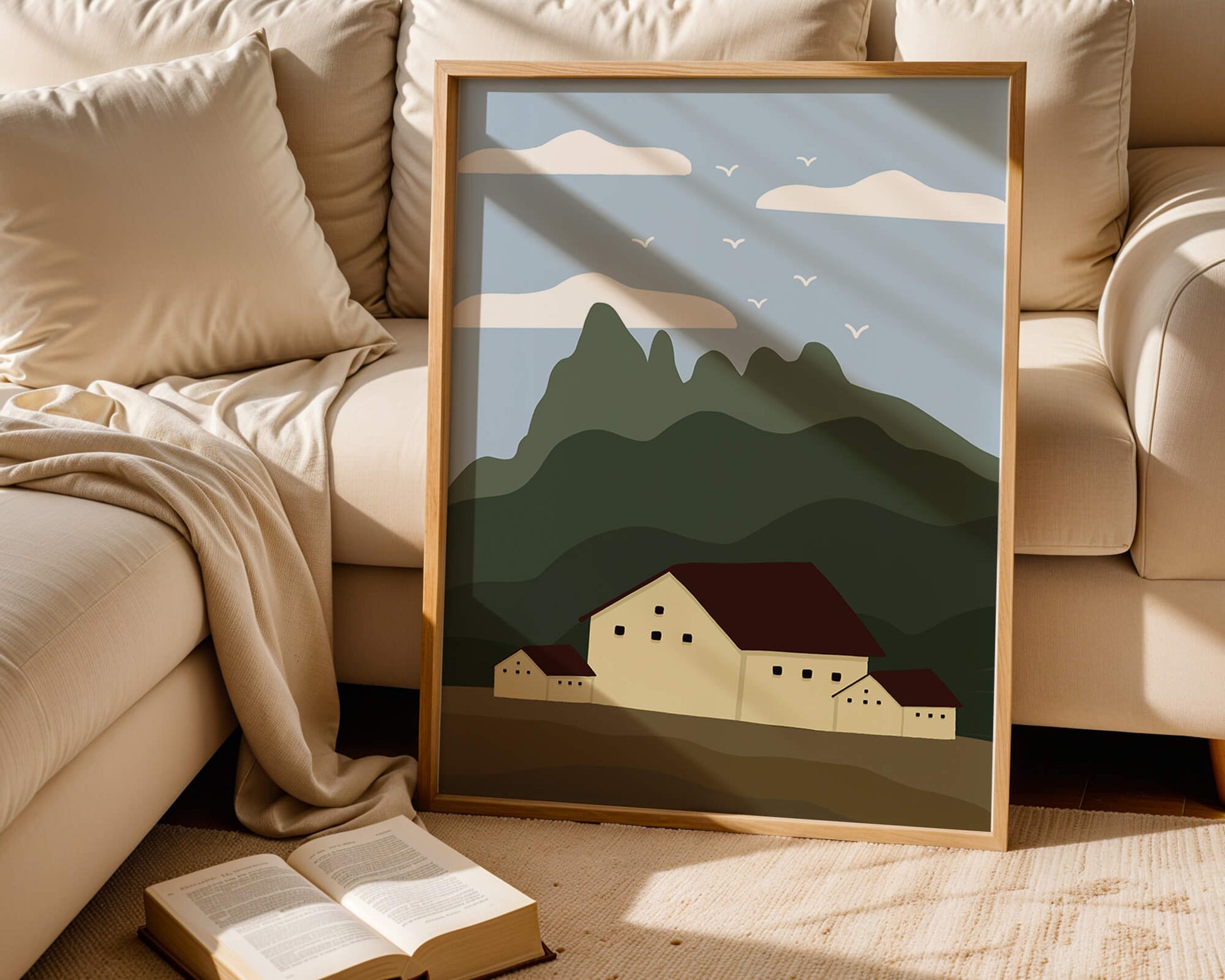 Paisaje minimalista de montaña con casas y pájaros en el cielo