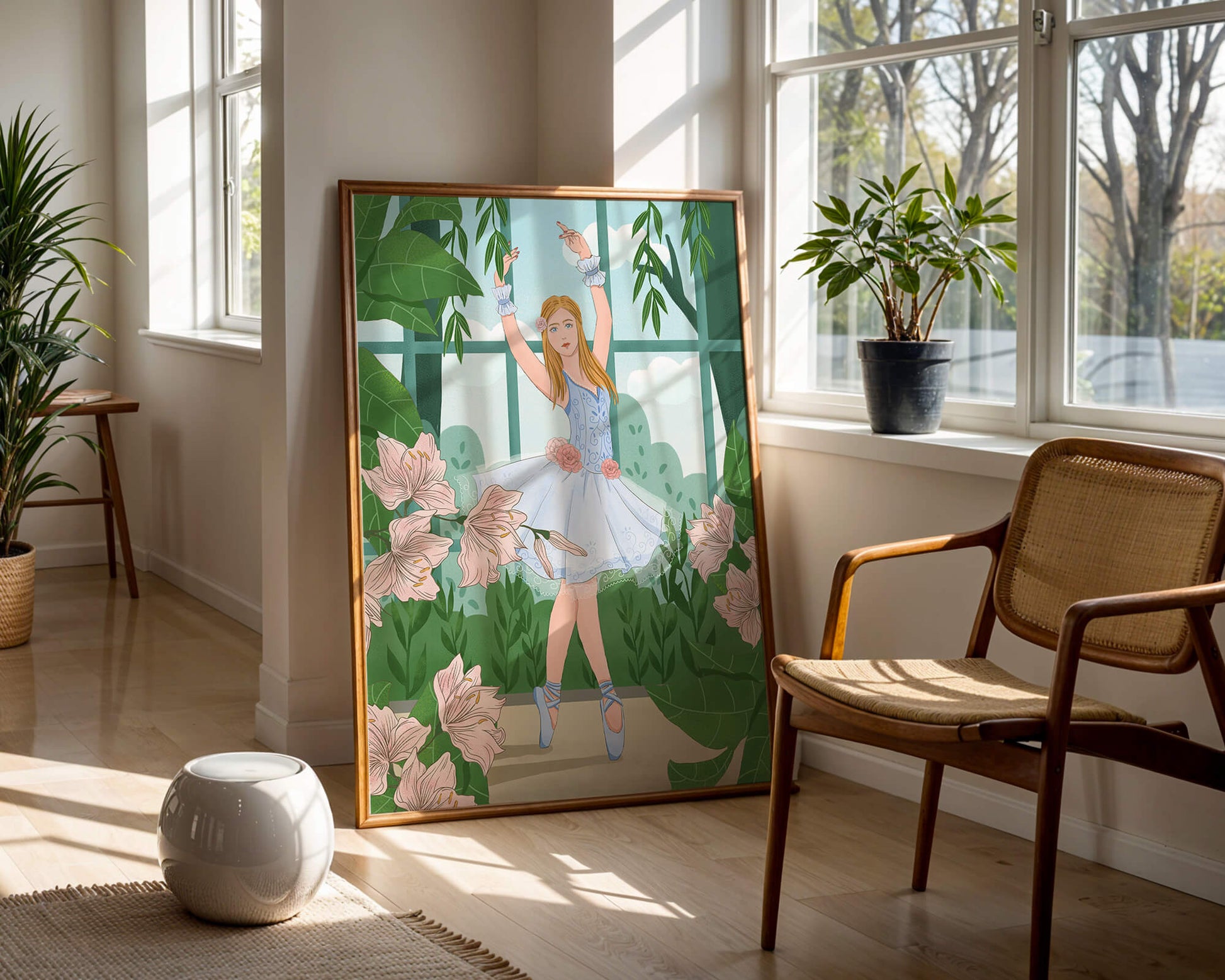 Elegant ballet dancer in a floral and botanical setting
