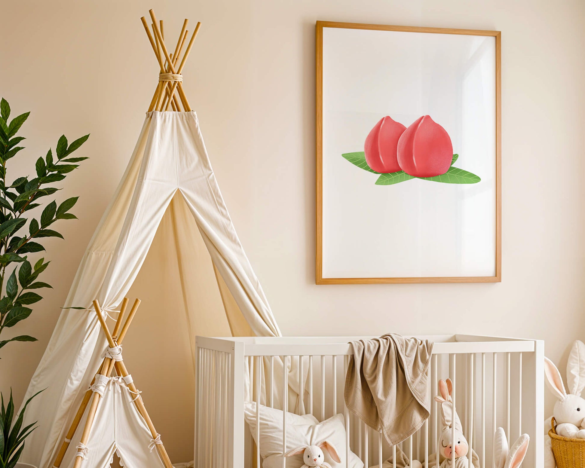Realistic illustration of juicy peaches with green leaves