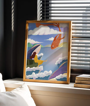 Escena onírica con vida marina y figura flotante en el cielo