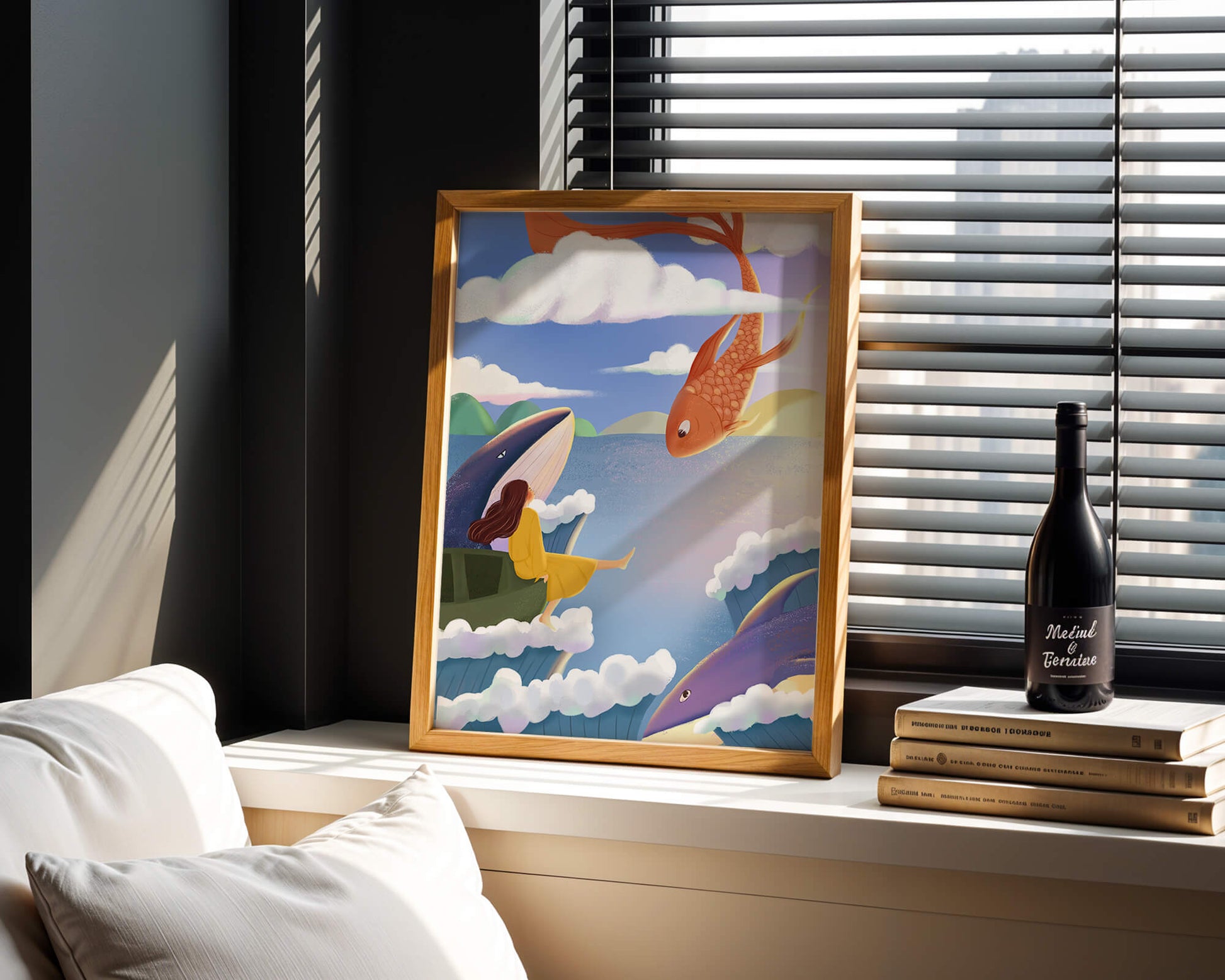 Dreamlike scene with marine life and floating figure in the sky