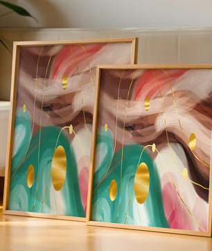 Diseño abstracto de remolinos coloridos con círculos dorados