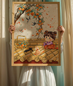 Charming illustration of a child with cats on a rooftop beneath a fruit tree