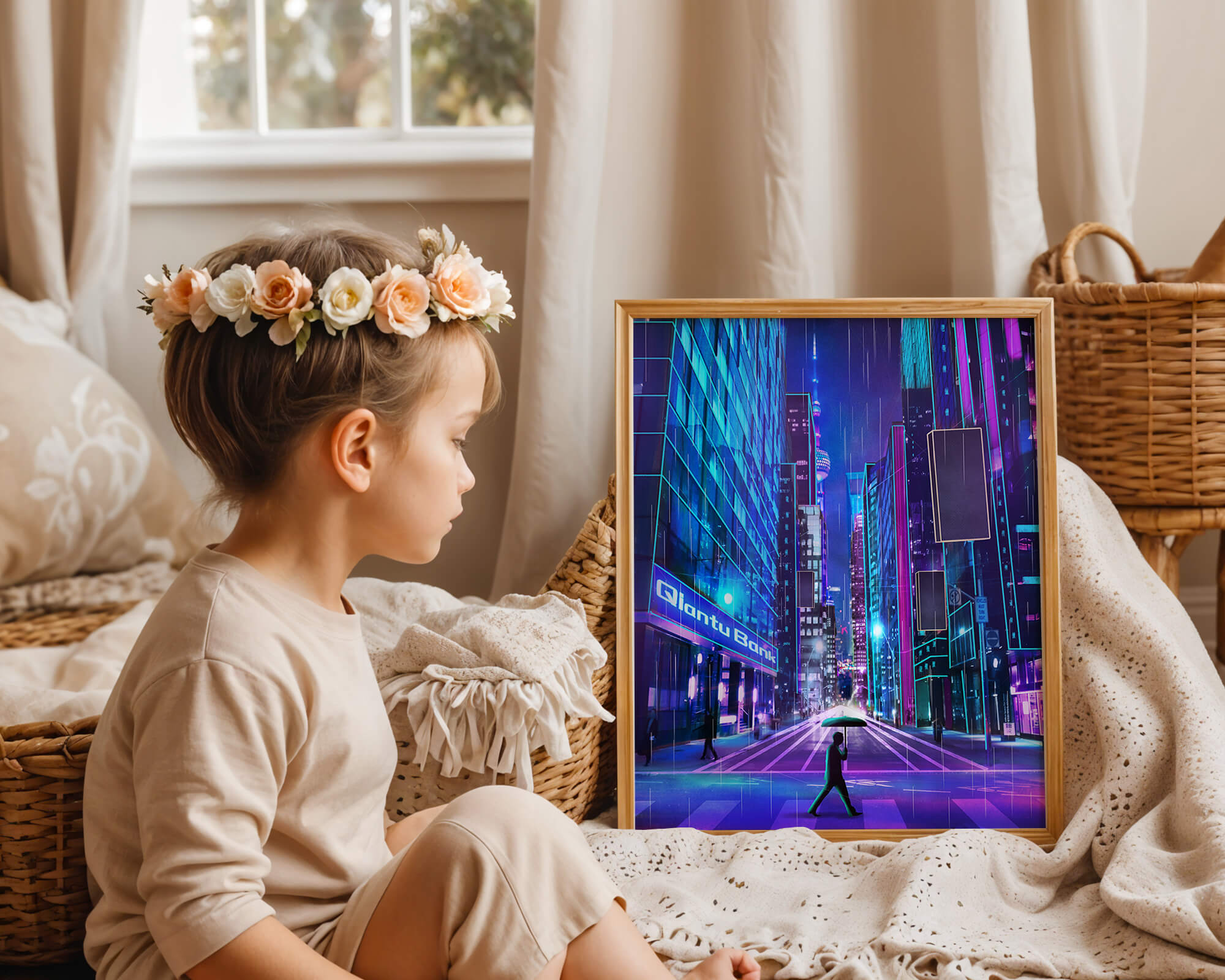 Futuristic urban street scene with neon lights and rainy atmosphere