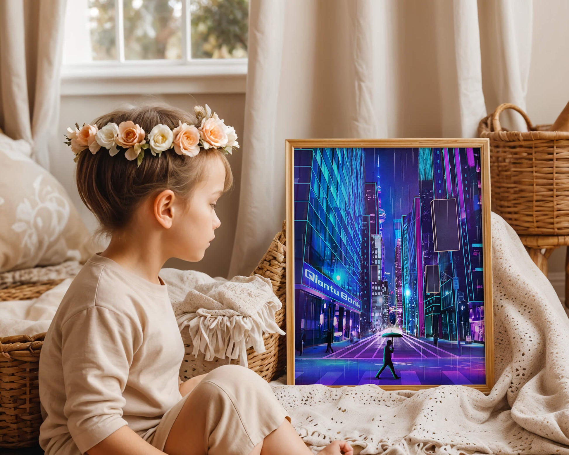 Futuristic urban street scene with neon lights and rainy atmosphere