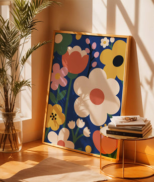 Colorful Floral Abstract Pattern On Dark Blue Background