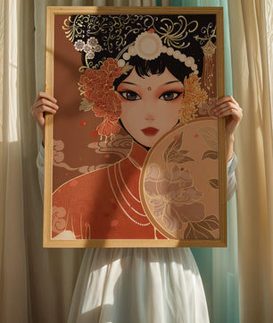 Elegante retrato de una mujer asiática con atuendo tradicional y elementos florales