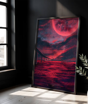 Surreal Scarlet Landscape with Bridge and Celestial Body
