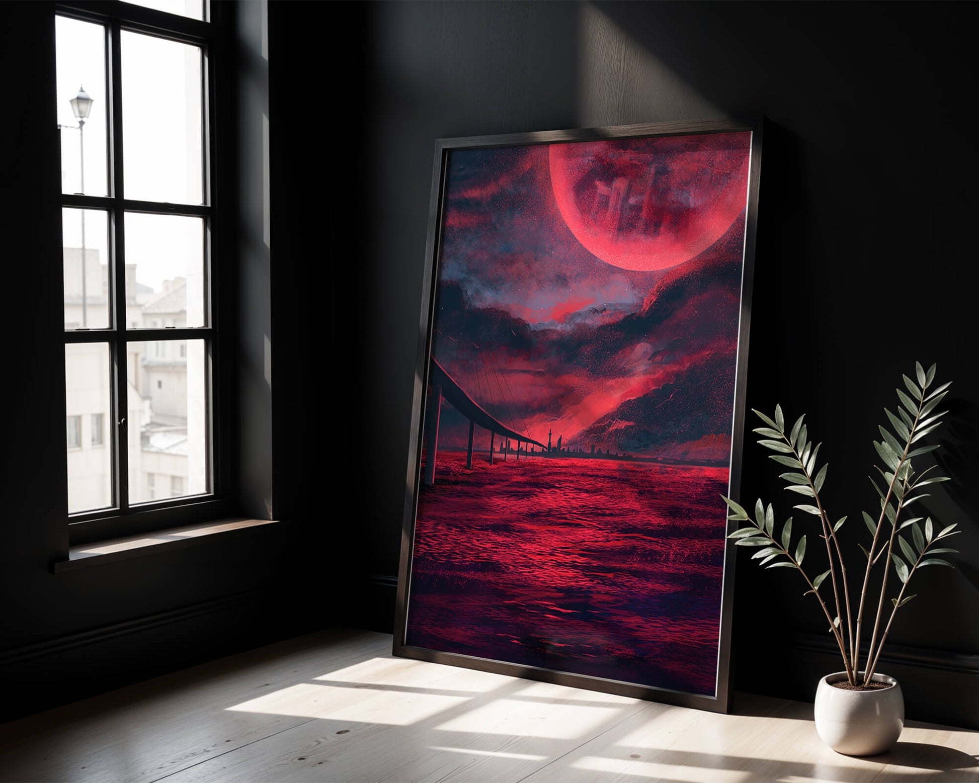 Surreal Scarlet Landscape with Bridge and Celestial Body
